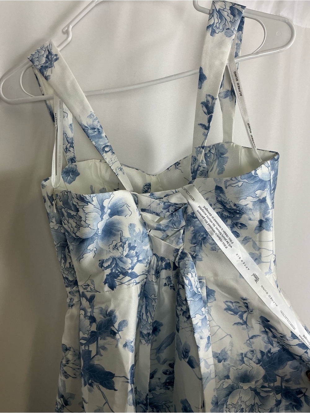 ALFRED SUNG Blue and White Floral Satin Bustier Maxi Dress - Picture 4 of 5